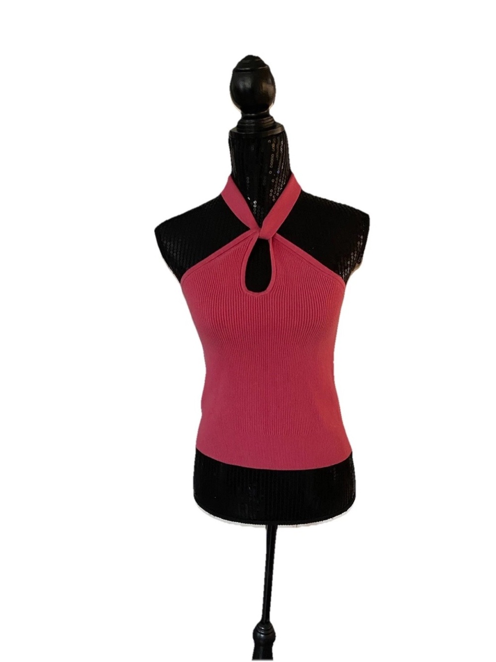 EUC Banana Republic Pink Ribbed Knit Tie Halter Top Keyhole Size S
